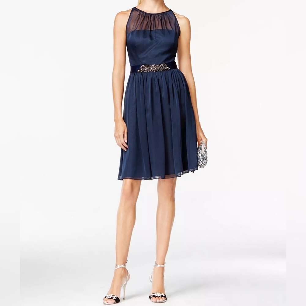 Adrianna Papell Navy Sheer Yoke Embellished Waist Cocktail Dress